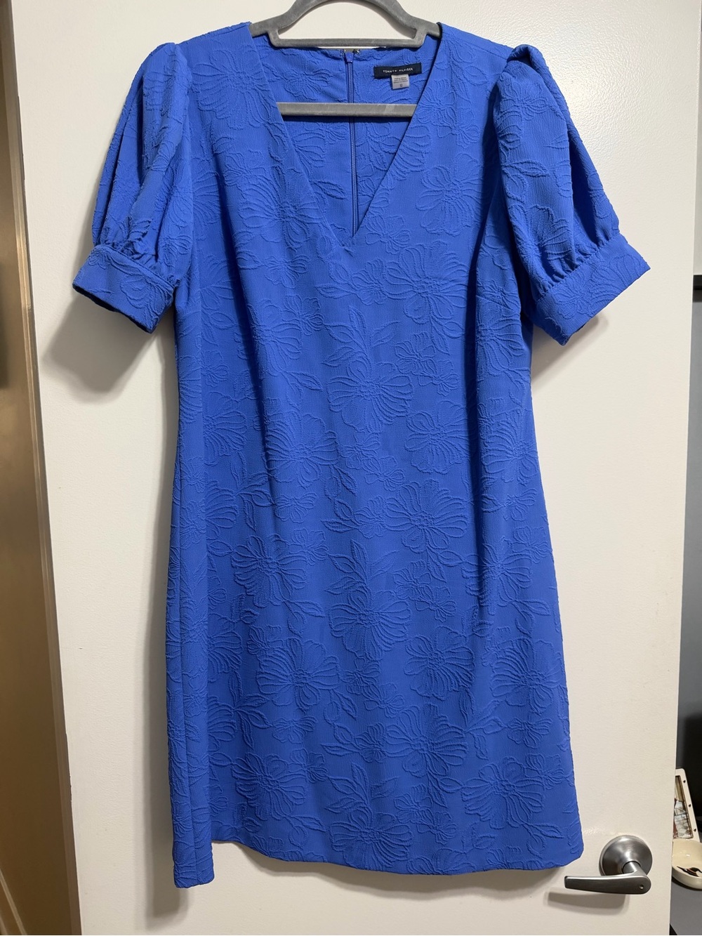 Textured V-Neck Puff Sleeve Dress - Blue